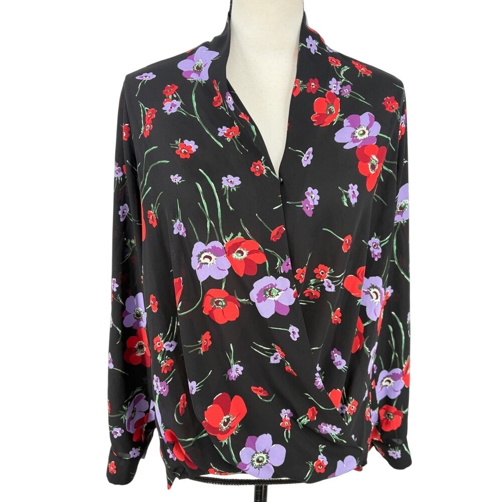 Pleione Women's Sheer Wrap V-Neck Blouse Floral Long‎ Sleeve Top Size Small